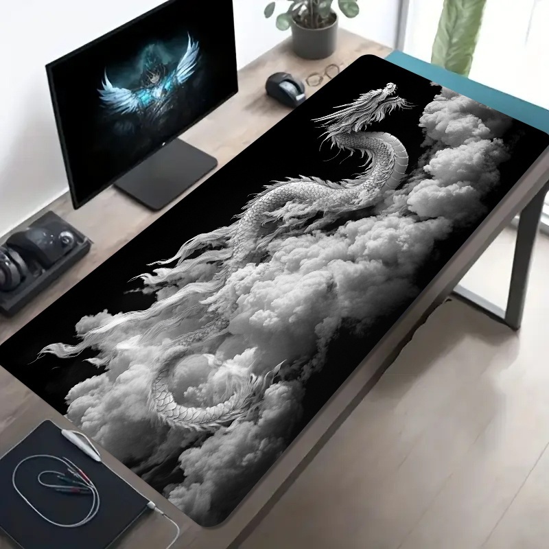 Desk Setup Black And White - Tapis de souris de jeu Dragon